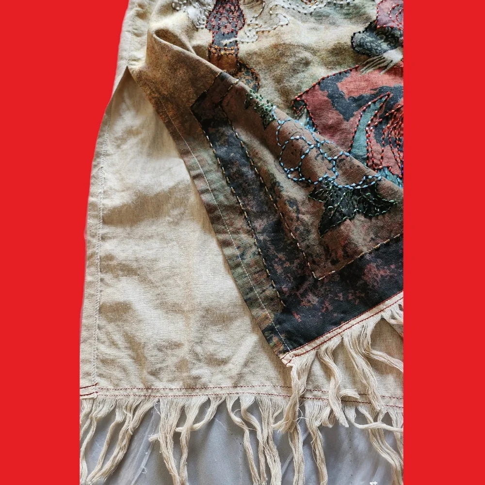 VINTAGE KOKOMO UN LTD BEADED GEISHA GIRL ABSTRACT PRINT LONG FRINGED SKIRT - Picture 6 of 7
